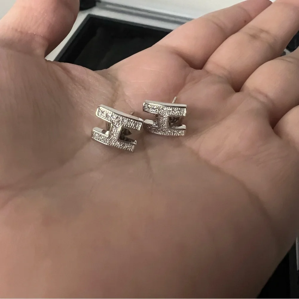 Micro Paved Silver Letter H Stud Earrings New - Picture 6 of 7